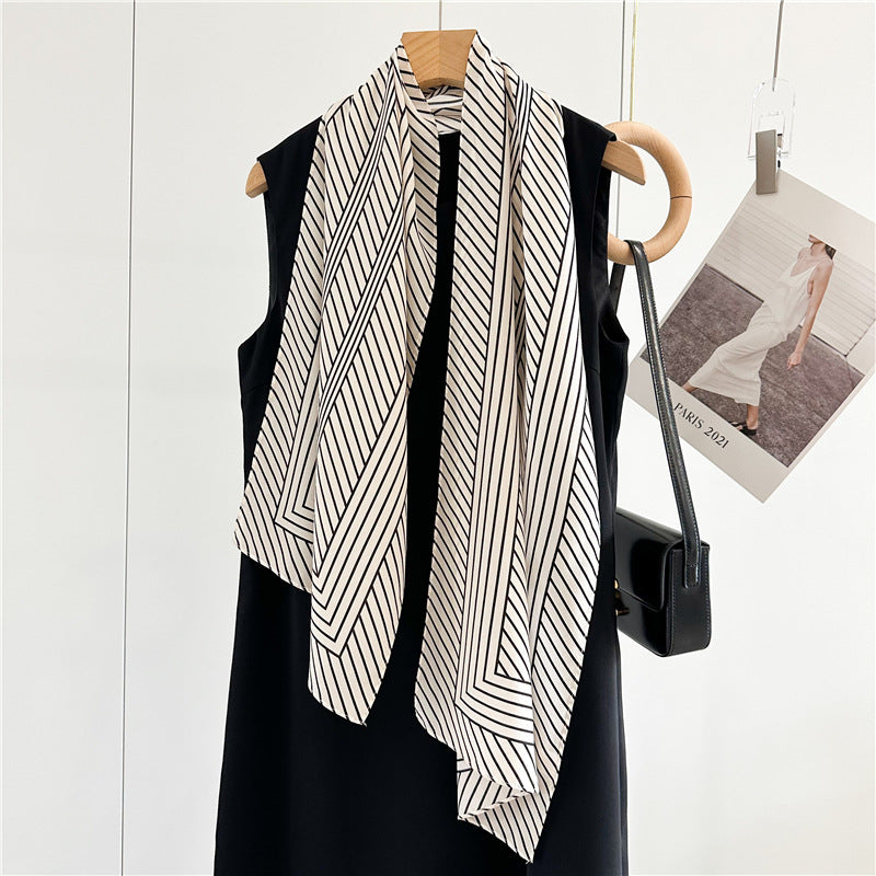 Double Crepe Silk Minimalist Long Silk Scarf, Black and White Striped Silk Scarf, Gift for her