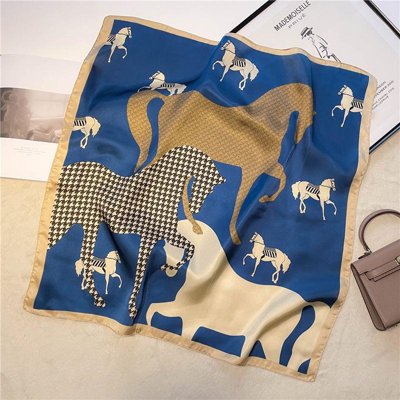 Blue Vintage Horse Pattern 70cm square scarf, Silk textured scarf, Sun protection satin scarf, Neck scarf, Satin Shawl, Gift