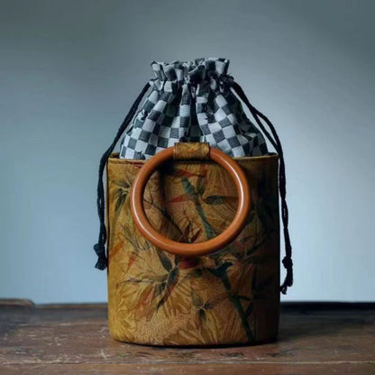 Handcrafted Vintage Bag - Wooden Handle Circle Bucket Bag with Silk Texture