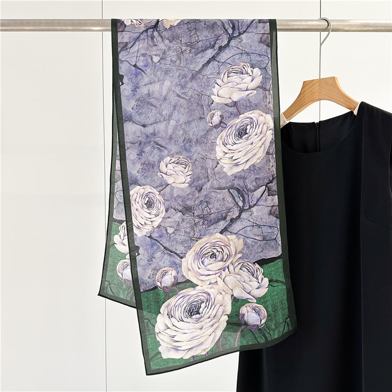 Purple Floral Oil Textured Print Silk Scarf, Luxurious 100% Double Crepe Silk Scarf - Perfect Gift for Her