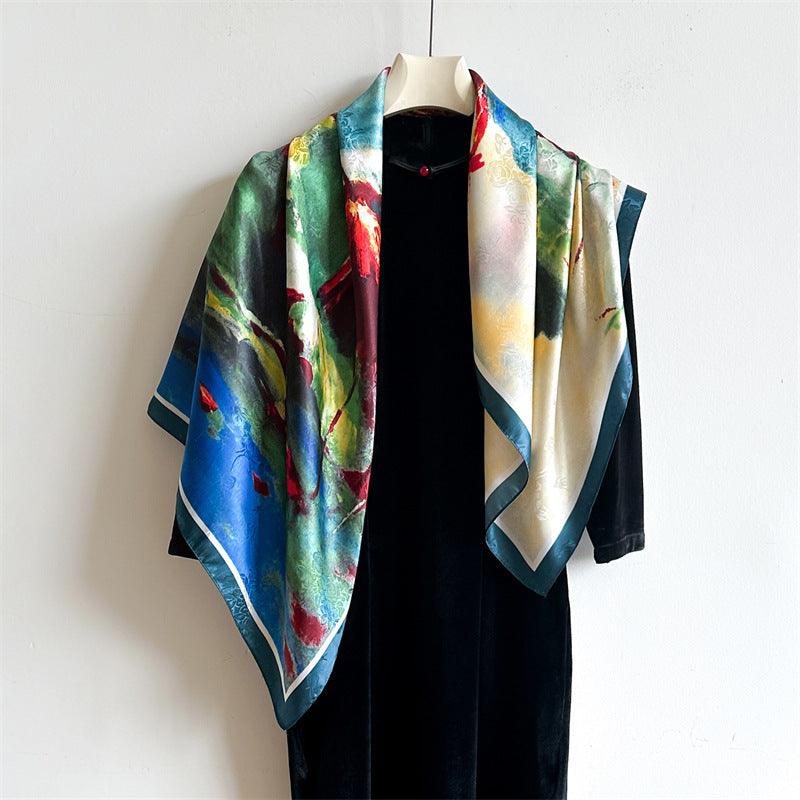 Oil Painting Chic Large Satin Scarf | 90x90cm Bandana | Twill Satin Shawl | Perfect Gift for Her, Mother&