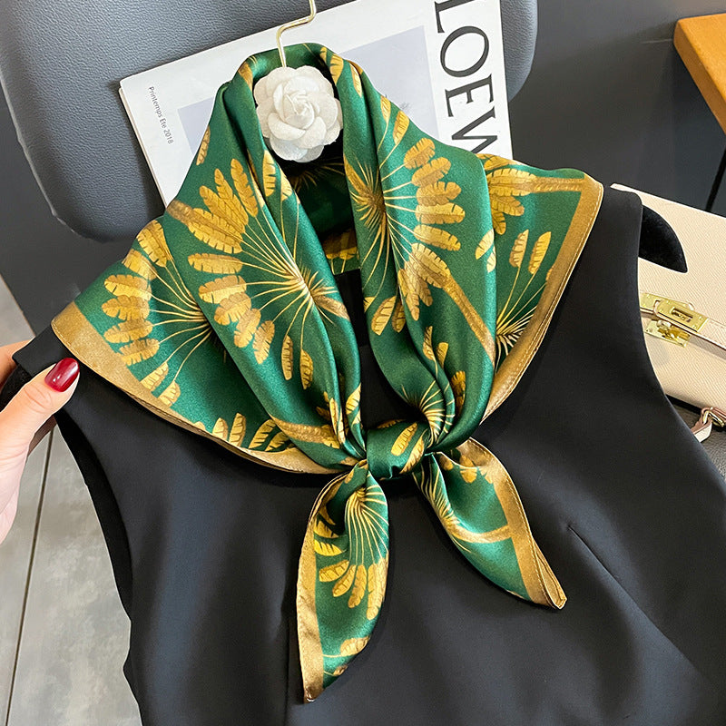 Green with gold flowers print mulberry silk scarf/65CM 100% mulberry silk scarf/Silk shawl/Gift for her