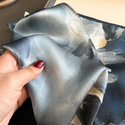 New 100% Mulberry Silk Scarf for Women - Blue Square Scarf, Korean Style Neck Scarf for Spring, Autumn, and Winter