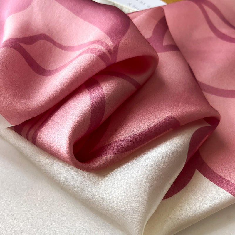 Minimalist Pink Line Flower mulberry silk scarf/65CM 100% mulberry silk scarf/Silk shawl/Gift for her