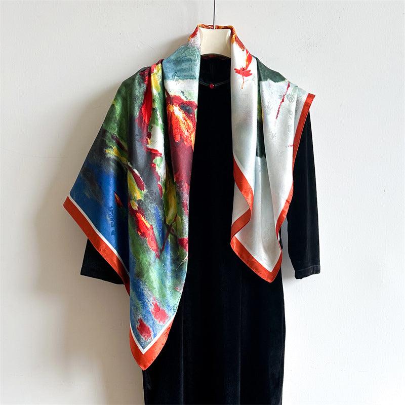 Oil Painting Chic Large Satin Scarf | 90x90cm Bandana | Twill Satin Shawl | Perfect Gift for Her, Mother&