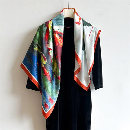 Oil Painting Chic Large Satin Scarf | 90x90cm Bandana | Twill Satin Shawl | Perfect Gift for Her, Mother&