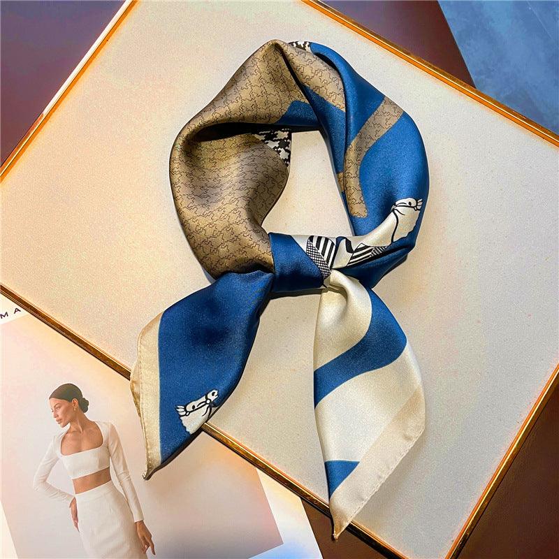 Blue Vintage Horse Pattern 70cm square scarf, Silk textured scarf, Sun protection satin scarf, Neck scarf, Satin Shawl, Gift