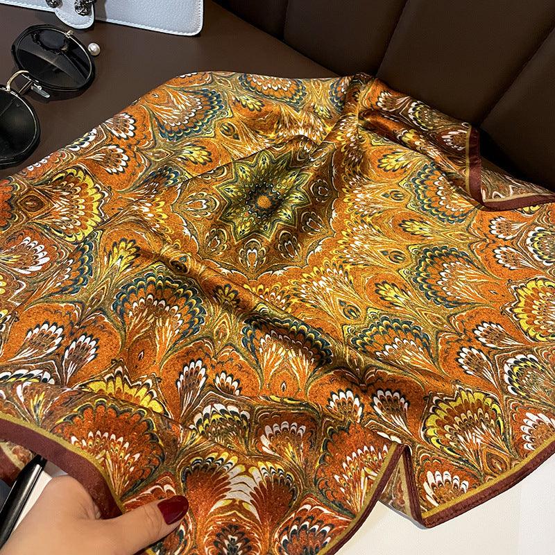 Caramel Boho Pattern Silk Scarf/100% Mulberry Silk Scarf/Gift for her