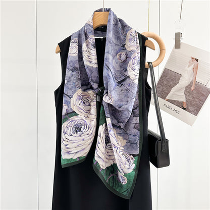 Purple Floral Oil Textured Print Silk Scarf, Luxurious 100% Double Crepe Silk Scarf - Perfect Gift for Her