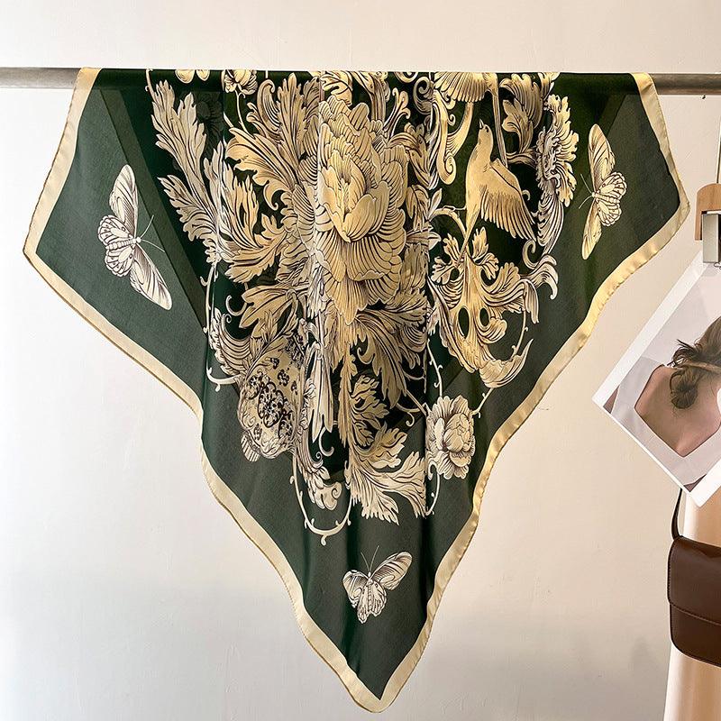 Grüner Boho Flora großer Seidenschal/Seidentwillsatin/90×90cm/Seidenschal/Seidenbandana/Großer Satinschal/Geschenk für Sie/Muttertagsgeschenke