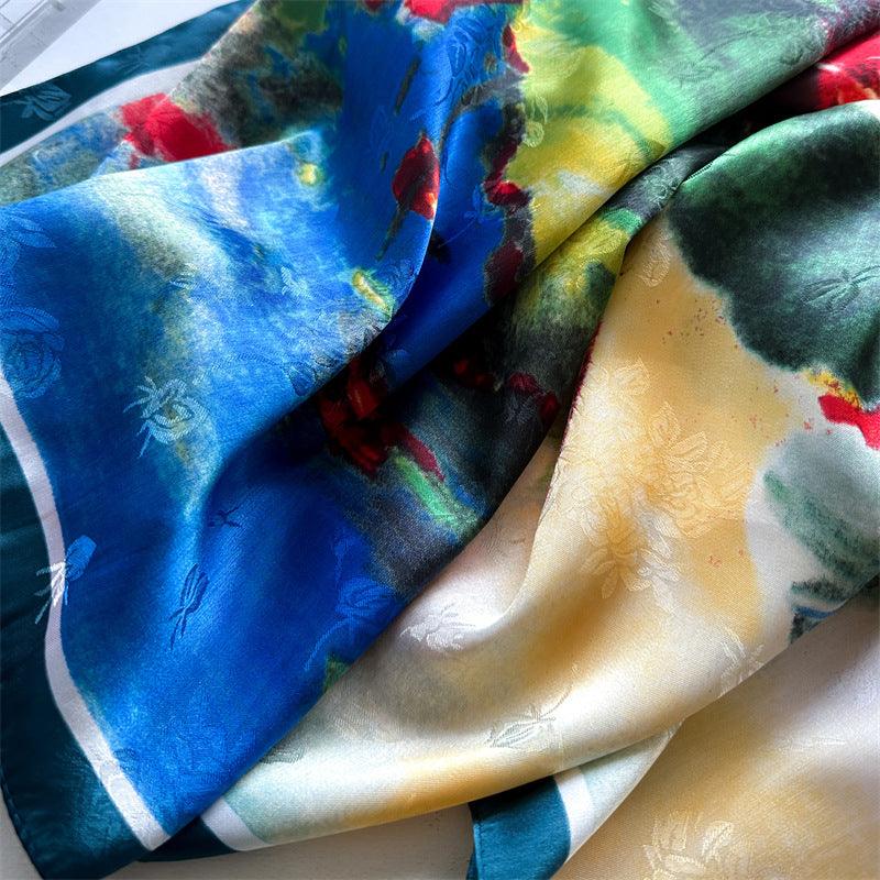 Oil Painting Chic Large Satin Scarf | 90x90cm Bandana | Twill Satin Shawl | Perfect Gift for Her, Mother&