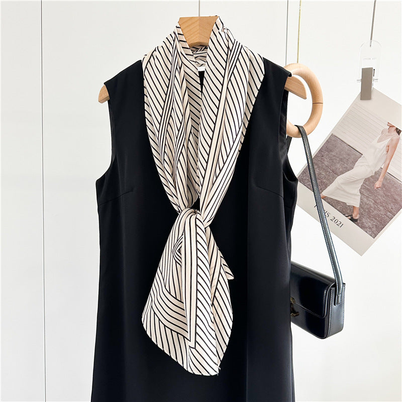 Double Crepe Silk Minimalist Long Silk Scarf, Black and White Striped Silk Scarf, Gift for her