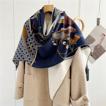 European Castle-Inspired Wool-Silk Blend Scarf: Double-Sided Carriage Silk-Wool Triangle Scarf for Autumn/Winter Warmth and Office Chic