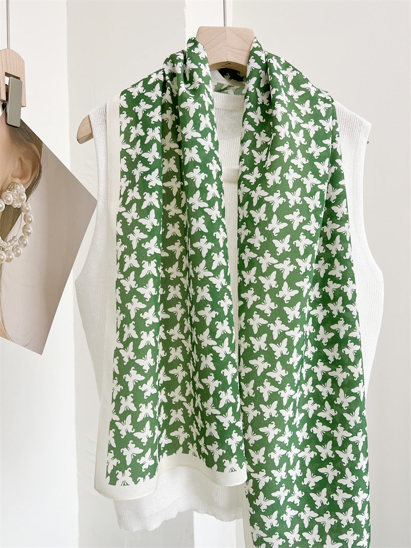 Grass Green Butterfly Print Silk Scarf, Luxurious 100% Double Crepe Silk Scarf - Perfect Gift for Her