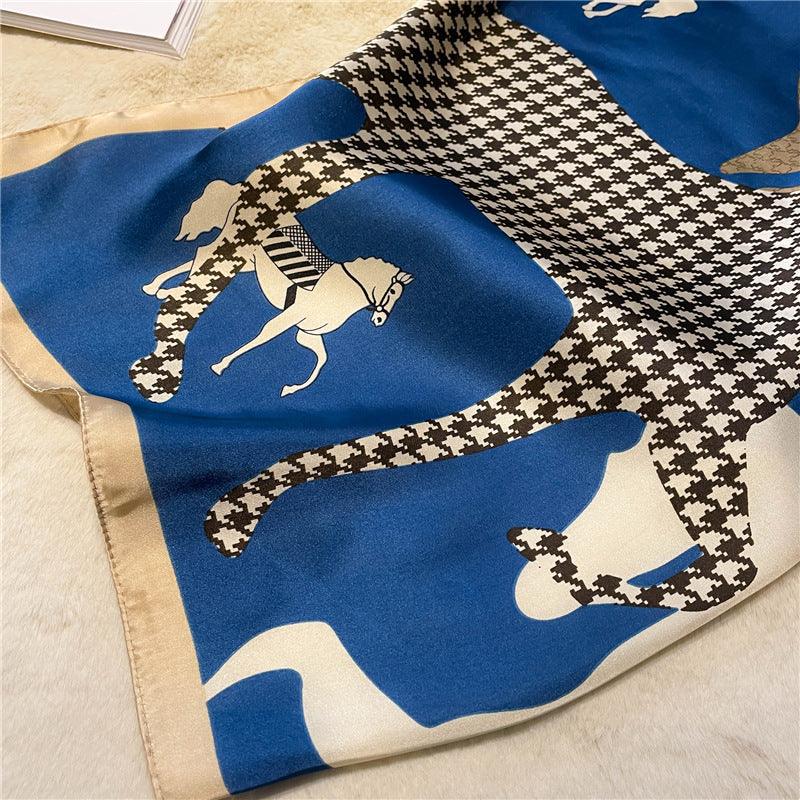 Blue Vintage Horse Pattern 70cm square scarf, Silk textured scarf, Sun protection satin scarf, Neck scarf, Satin Shawl, Gift