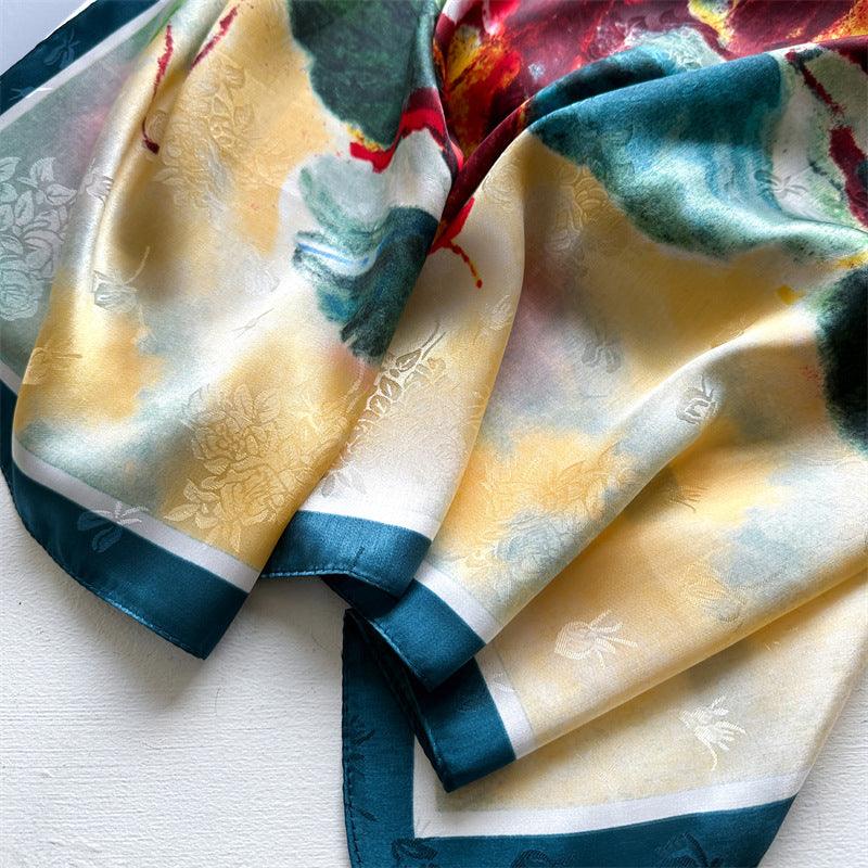 Oil Painting Chic Large Satin Scarf | 90x90cm Bandana | Twill Satin Shawl | Perfect Gift for Her, Mother&