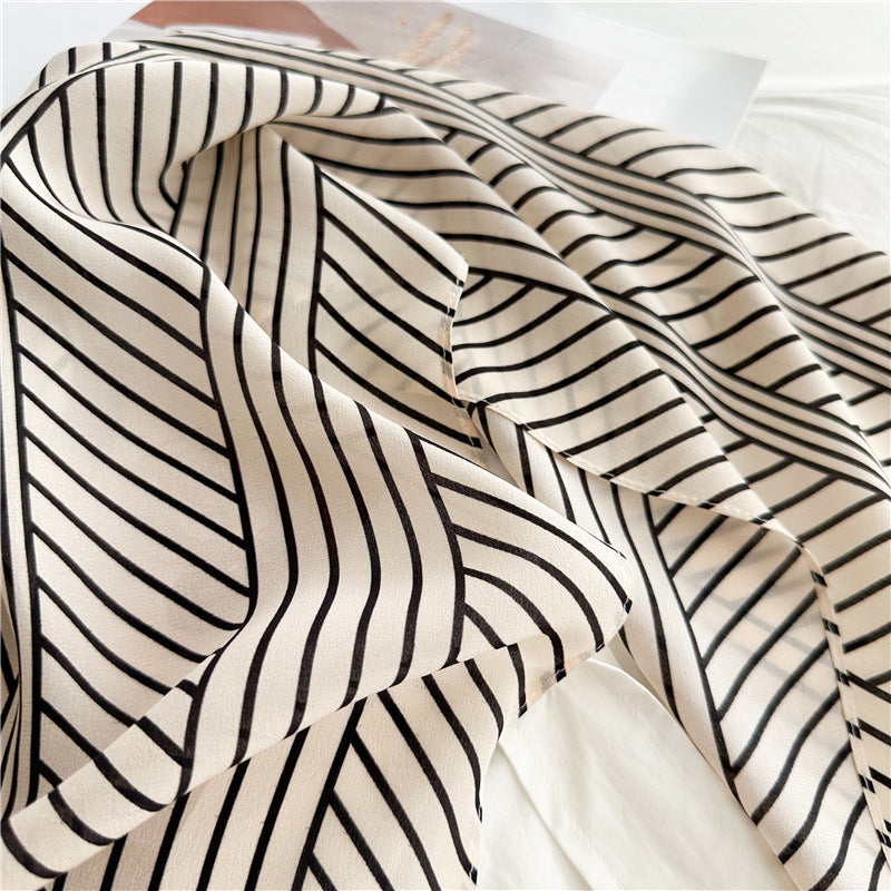 Double Crepe Silk Minimalist Long Silk Scarf, Black and White Striped Silk Scarf, Gift for her