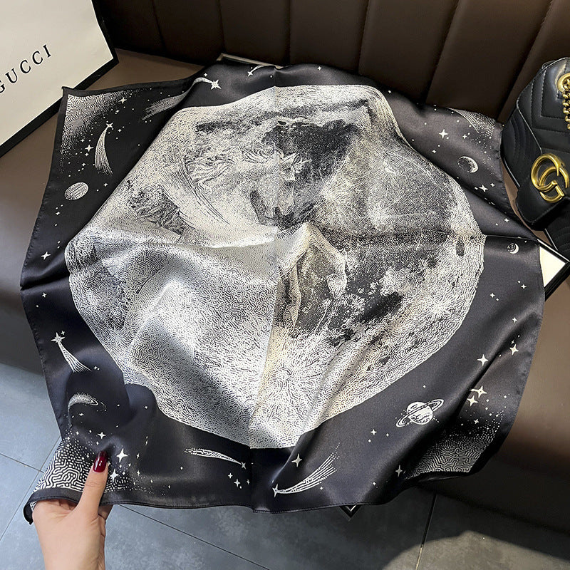 Black and White Moon Pegasus mulberry silk scarf/65CM 100% mulberry silk scarf/Silk shawl/Gift for her