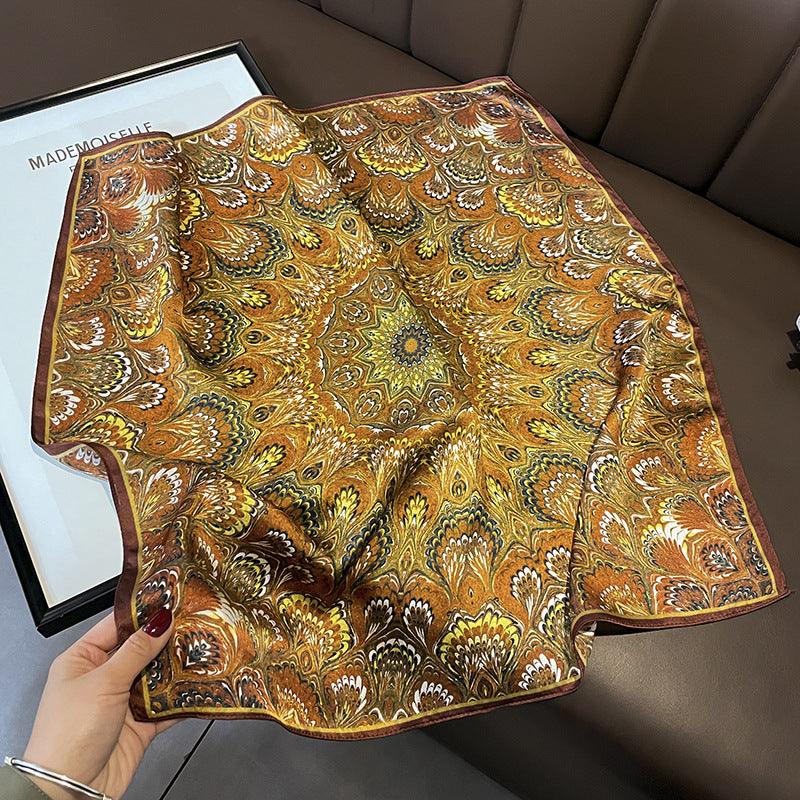 Caramel Boho Pattern Silk Scarf/100% Mulberry Silk Scarf/Gift for her