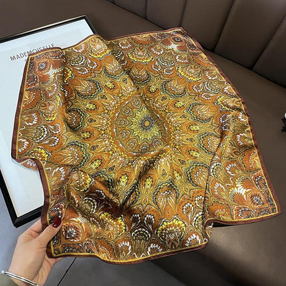 Caramel Boho Pattern Silk Scarf/100% Mulberry Silk Scarf/Gift for her