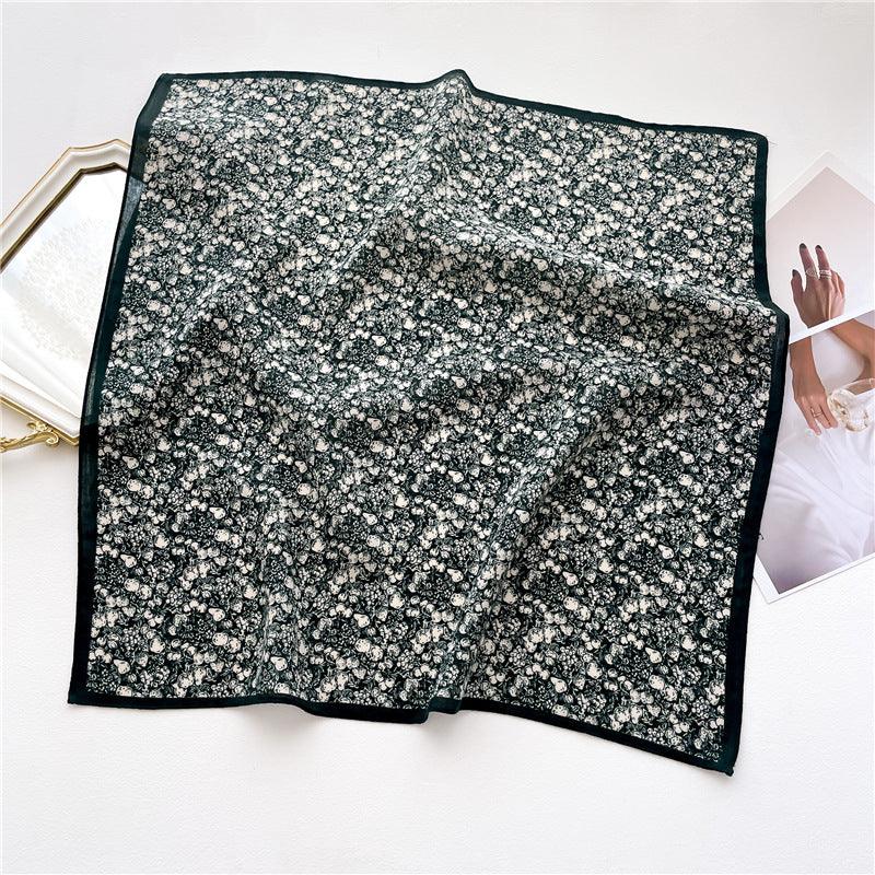 Dark Green Floral Print Square Scarf/Herringbone Weave Square Scarf/Lady&