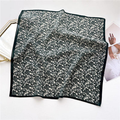 Dark Green Floral Print Square Scarf/Herringbone Weave Square Scarf/Lady&