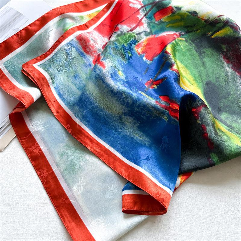 Oil Painting Chic Large Satin Scarf | 90x90cm Bandana | Twill Satin Shawl | Perfect Gift for Her, Mother&