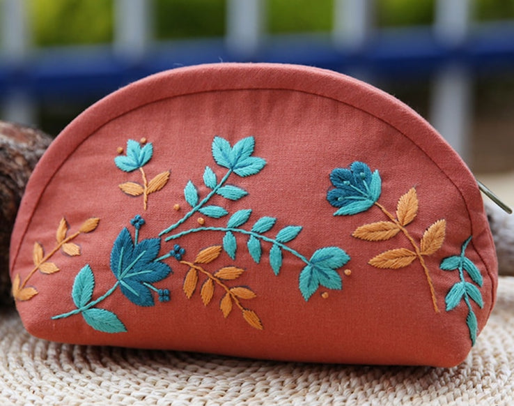 Hand Embroidery Cosmetic Bag Kit - Starter Sewing Makeup Bag with Floral Embroidery Pattern - DIY Coin Purse Needlework Kit for beginners