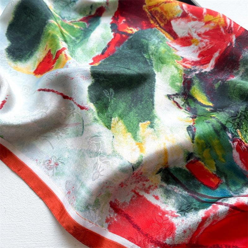 Oil Painting Chic Large Satin Scarf | 90x90cm Bandana | Twill Satin Shawl | Perfect Gift for Her, Mother&