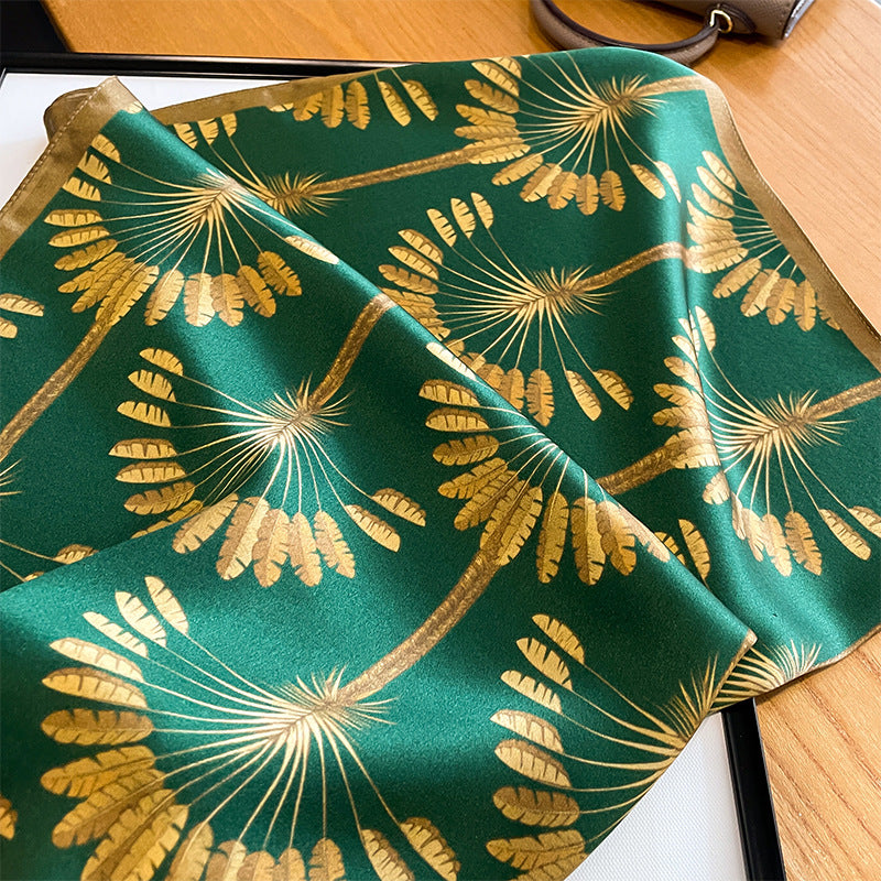 Green with gold flowers print mulberry silk scarf/65CM 100% mulberry silk scarf/Silk shawl/Gift for her