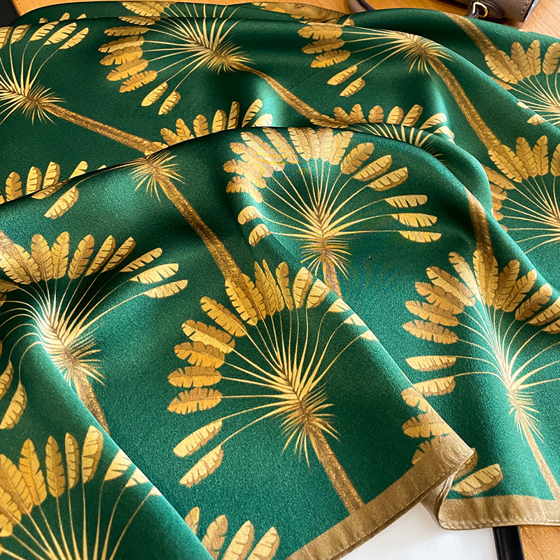 Green with gold flowers print mulberry silk scarf/65CM 100% mulberry silk scarf/Silk shawl/Gift for her