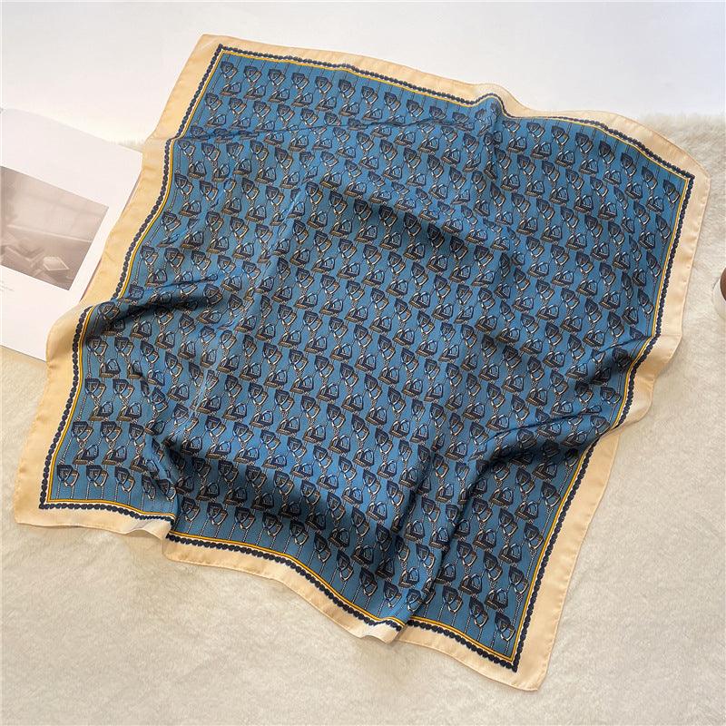 Jewel blue stirrup pattern 70cm square scarf, Silk textured scarf, Sun protection satin scarf, Neck scarf, Satin Shawl, Gift