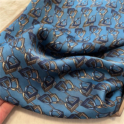 Jewel blue stirrup pattern 70cm square scarf, Silk textured scarf, Sun protection satin scarf, Neck scarf, Satin Shawl, Gift