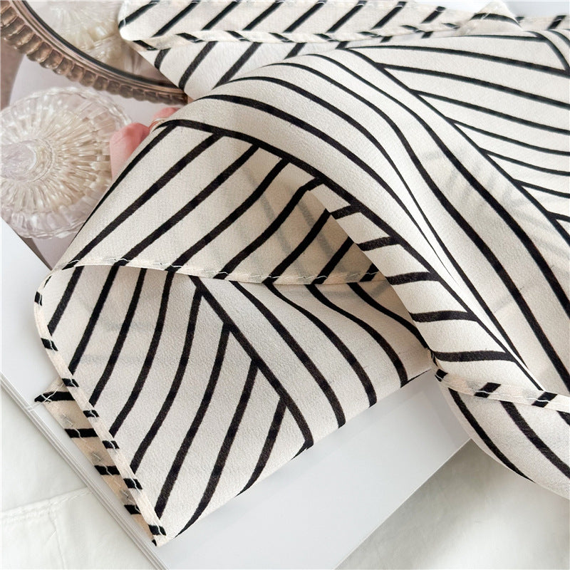 Double Crepe Silk Minimalist Long Silk Scarf, Black and White Striped Silk Scarf, Gift for her