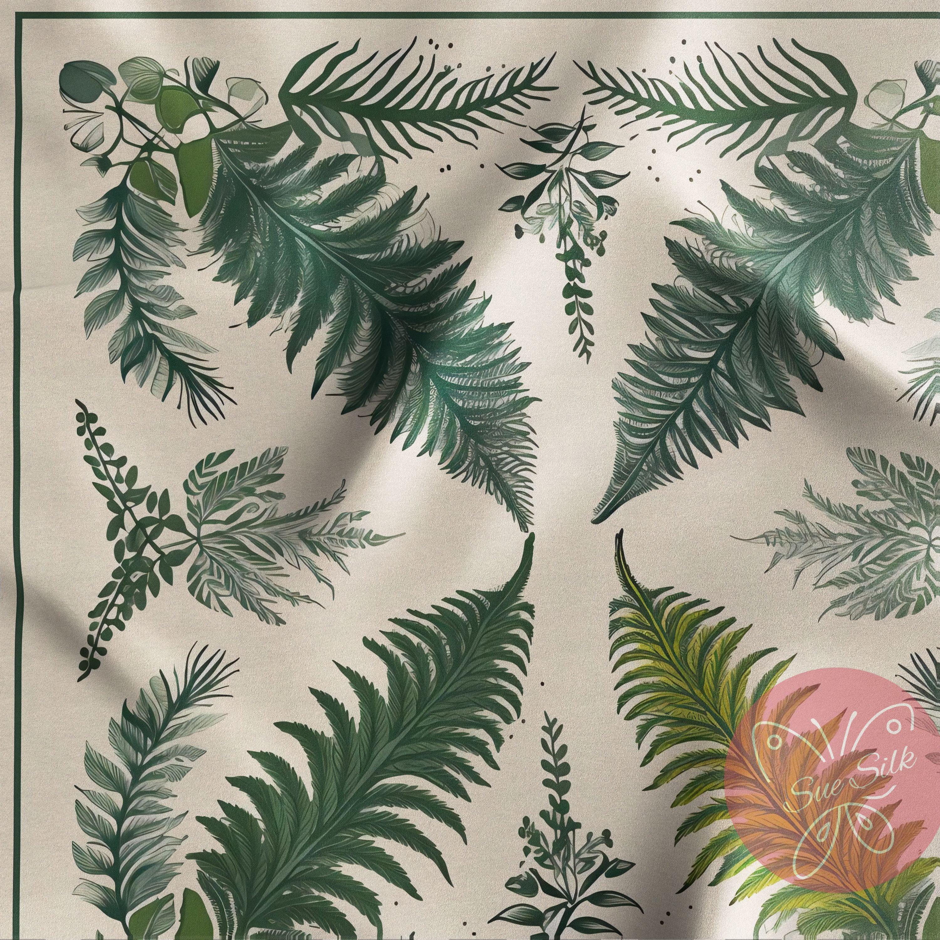 Vintage Hand-Drawn Fern Pattern Silk Scarf - Designer Original - Customizable Fabric and Size - Women&