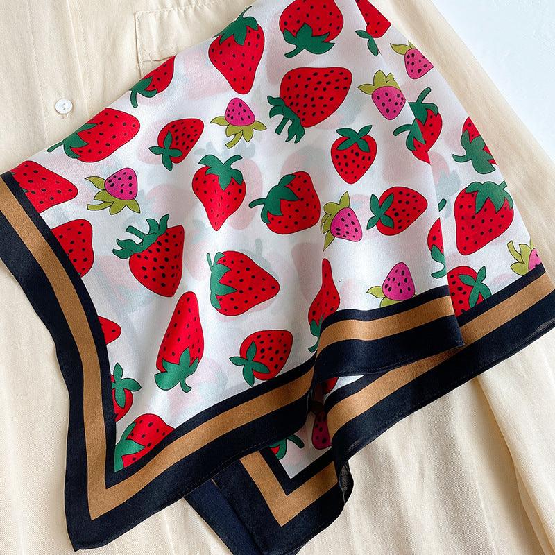 Strawberry pattern 100% mulberry Silk Scarf/Silk head scarf/Silk hair scarf/Silk neck scarf/Silk bandana/Bag Accessory/Gift for her