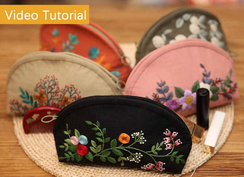 Hand Embroidery Cosmetic Bag Kit - Starter Sewing Makeup Bag with Floral Embroidery Pattern - DIY Coin Purse Needlework Kit for beginners