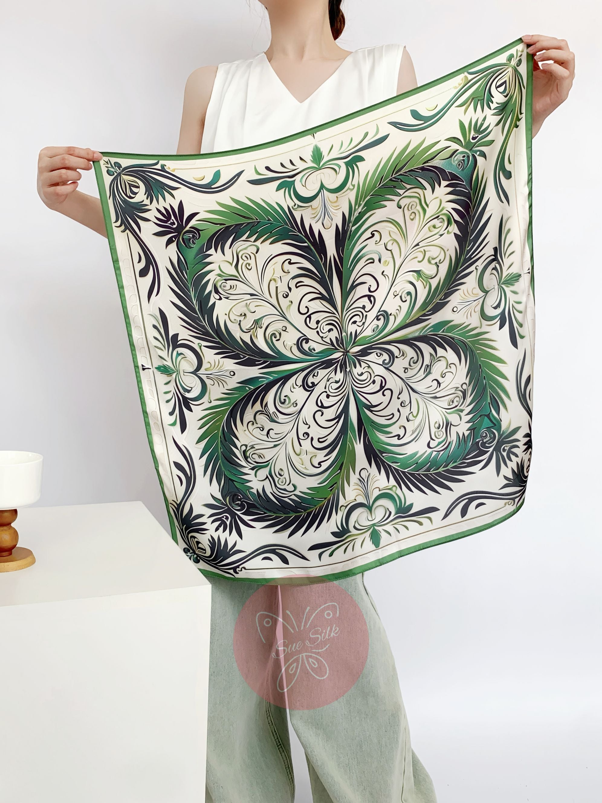 Paisley Style Large Fern Pattern Silk Scarf - Designer Original - Customizable Fabric and Size - Women&