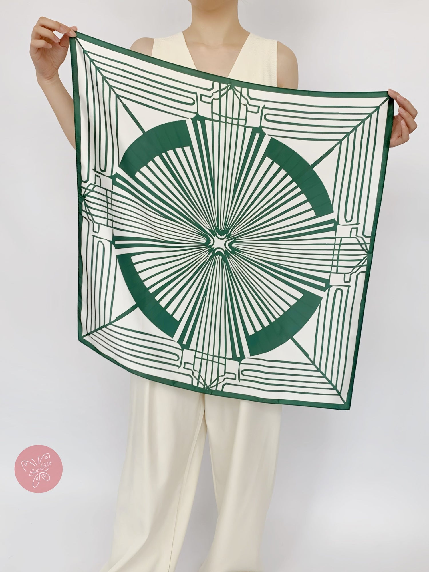 Grass Green Geometric Silk Scarf - Designer Original - Customizable Fabric and Size - Women&