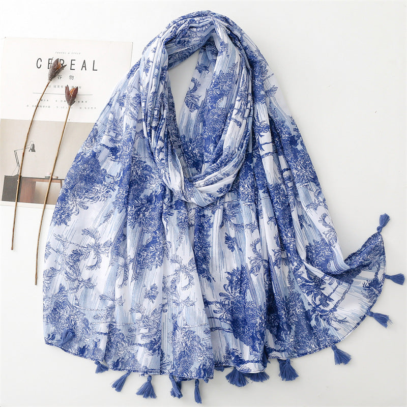 Scarf travel sunscreen  scarf Hanfu accessories photo retro ethnic style blue blue and white porcelain bronzing shawl