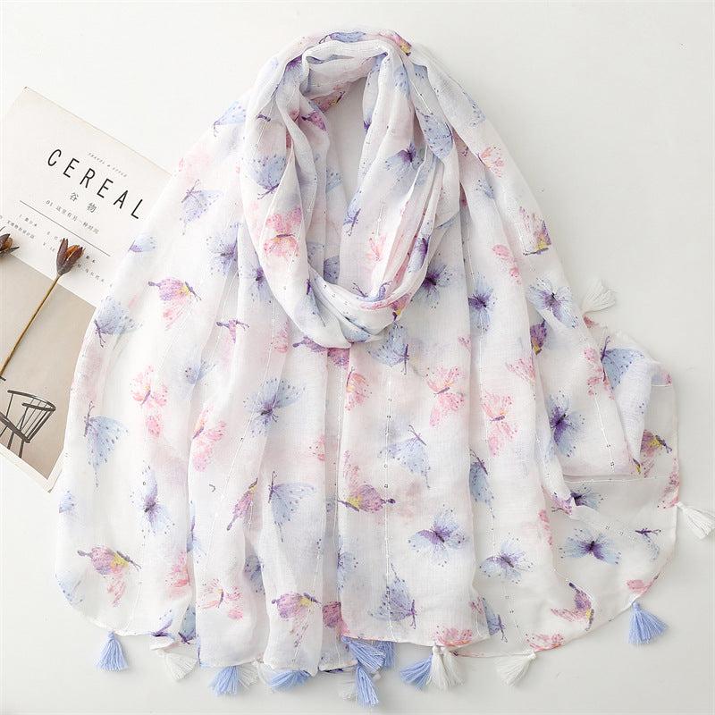 Summer and autumn new butterfly sequin printed cotton and linen  scarf air conditioner sunscreen shawl scarf women