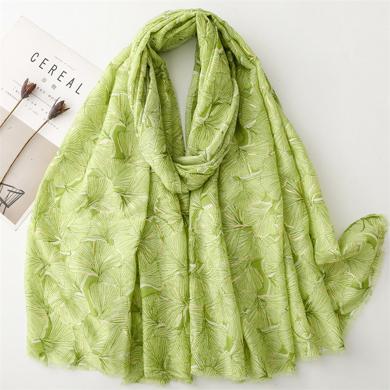 Autumn and winter cotton and linen feel scarf bronzing snow ginkgo biloba leaves burr  scarf warm shawl