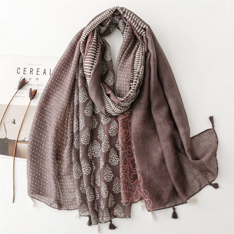 Exotic ethnic style wear accessories travel shawl cotton and linen feel Bali yarn scarf color matching geometric fringed  scarf