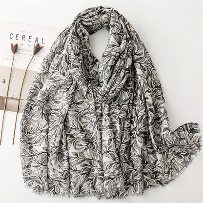 Autumn and winter cotton and linen feel scarf bronzing bamboo leaf green leaf rough edge  scarf warm shawl women