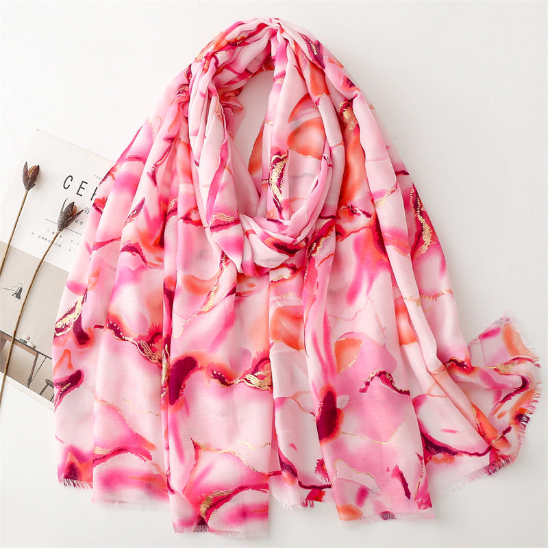 Autumn and winter cotton and linen feel scarf bronzing water flower ink painting rough edge  scarf warm shawl