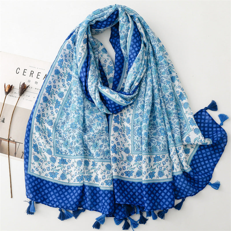 Spring and summer new cotton and linen feel scarf celebrity style hibiscus flower fringed  scarf warm shawl