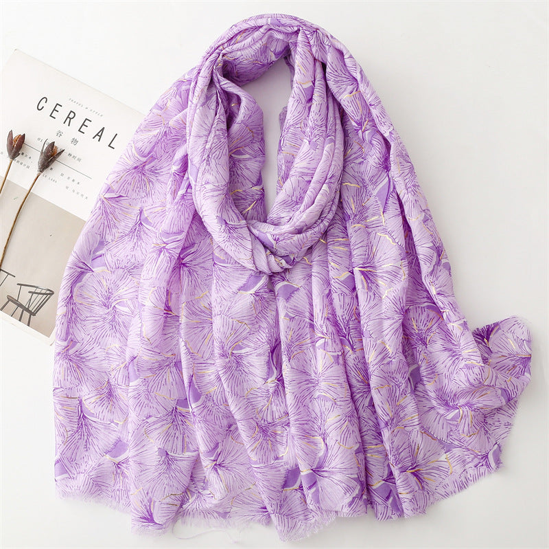 Autumn and winter cotton and linen feel scarf bronzing snow ginkgo biloba leaves burr  scarf warm shawl