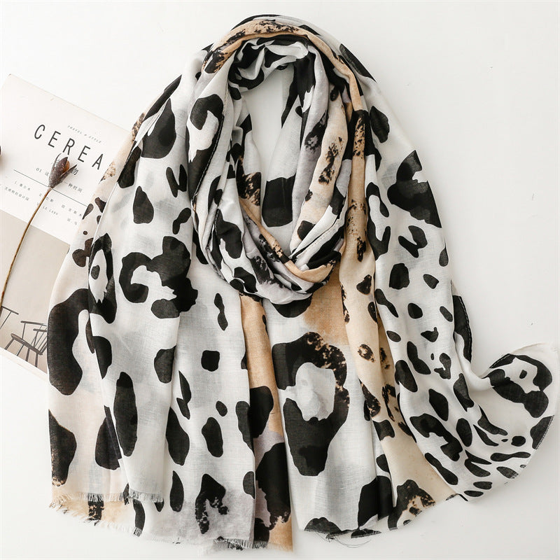 Spring and summer four seasons thin cotton and linen feel scarf European and American cloud leopard print rough edge  scarf warm shawl women