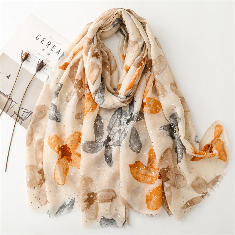 Autumn and winter cotton and linen feel scarf bronzing wing plum flower rough edge  scarf warm shawl women