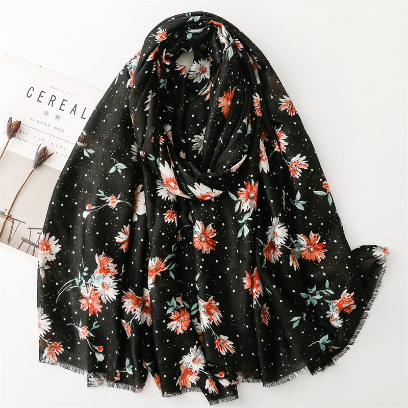 Autumn and winter cotton and linen feel scarf bronzing polka dots small flower burr edge  scarf warm shawl women